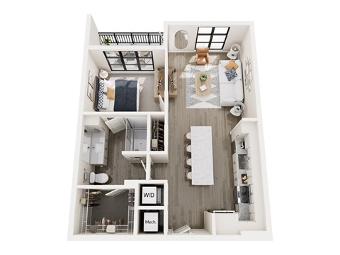 A top down view of a small apartment with a kitchen, living room and bathroom.